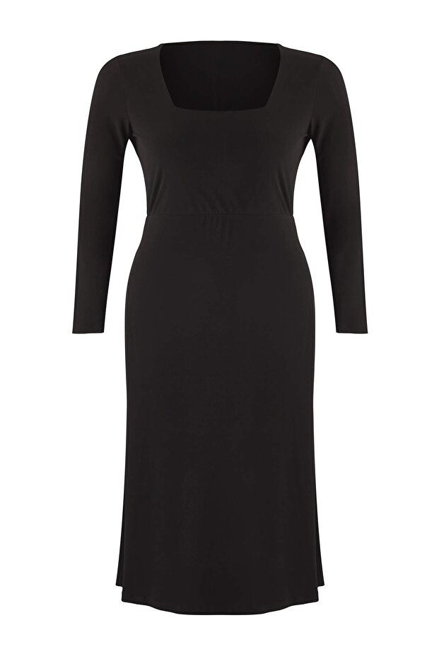 Siyah Volanlı Kare Yaka Fitted/Vücuda Oturan Maxi Esnek Örme Elbise TBBAW26AH00016 - 5