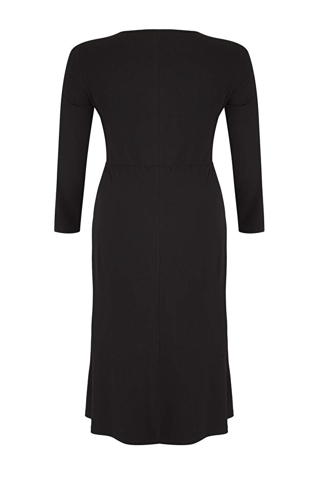 Siyah Volanlı Kare Yaka Fitted/Vücuda Oturan Maxi Esnek Örme Elbise TBBAW26AH00016 - 7