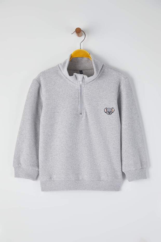 Gri Melanj Pamuklu Baskılı Dik Yaka Regular Erkek Çocuk Örme Sweatshirt TKDAW26SW00038 - 3