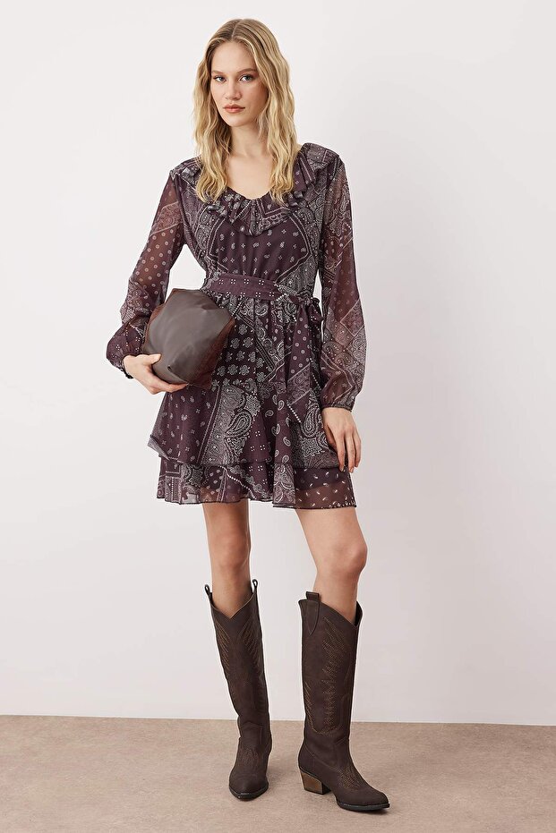 Çok Renkli Boho/Boho Chic Baskılı Fırfır Detaylı Mini Tül Esnek Örme Elbise TWOAW26EL00251 - 7