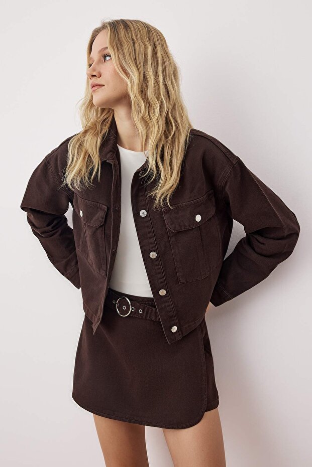 Kahverengi Cep Detaylı Regular Denim Ceket TWOAW26CE00038 - 2