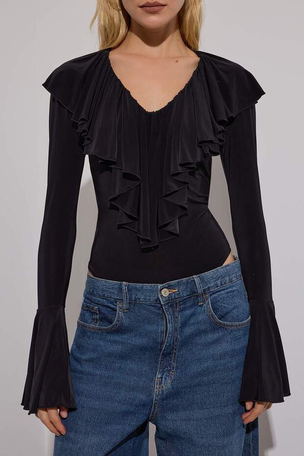 Siyah Düz V Yaka Uzun Örme Sandy Body TPRAW26BD00020 - 4