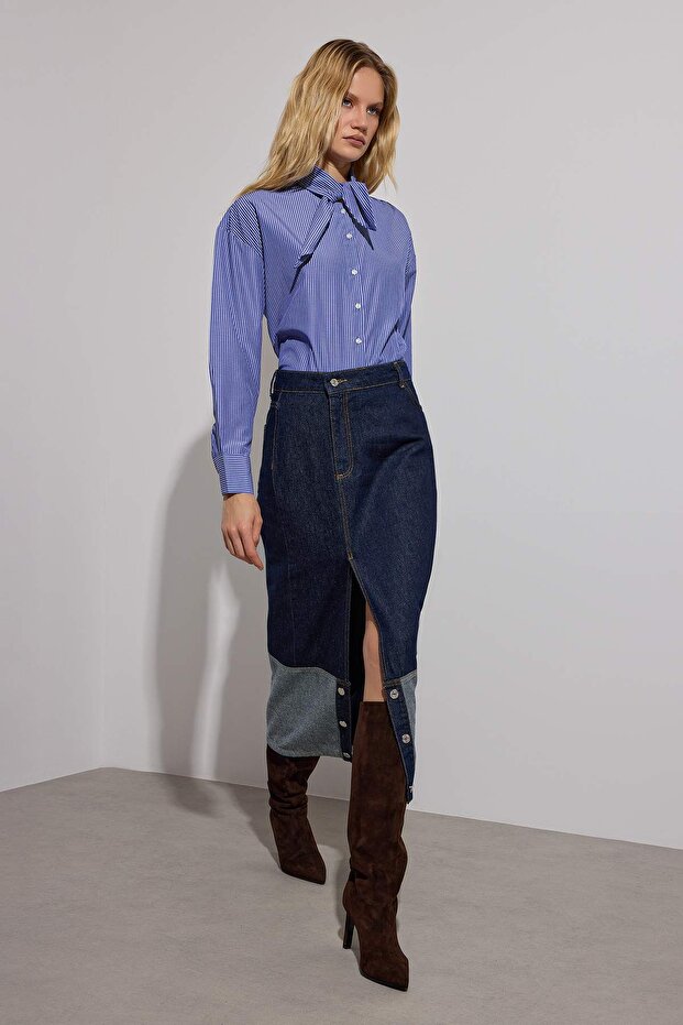 Koyu Mavi Asimetrik Kapama Midi Denim Etek TWOAW26ET00063 - 2