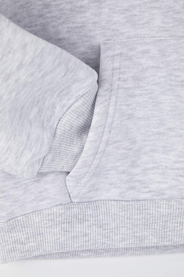 Gri Melanj Pamuklu Baskılı Kalın/İçi Polarlı Kapüşonlu Erkek Çocuk Örme Sweatshirt TKDAW26SW00033 - 5