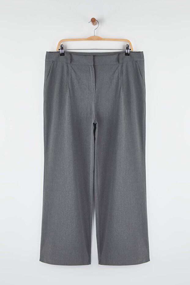 Gri Lastik Belli Wide Leg Büyük Beden Dokuma Pantolon TBBAW26AR00019 - 6