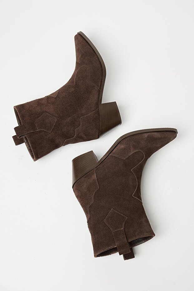 Women's Brown Suede Genuine Leather Western Heeled Boots – Pointed Toe & Heel