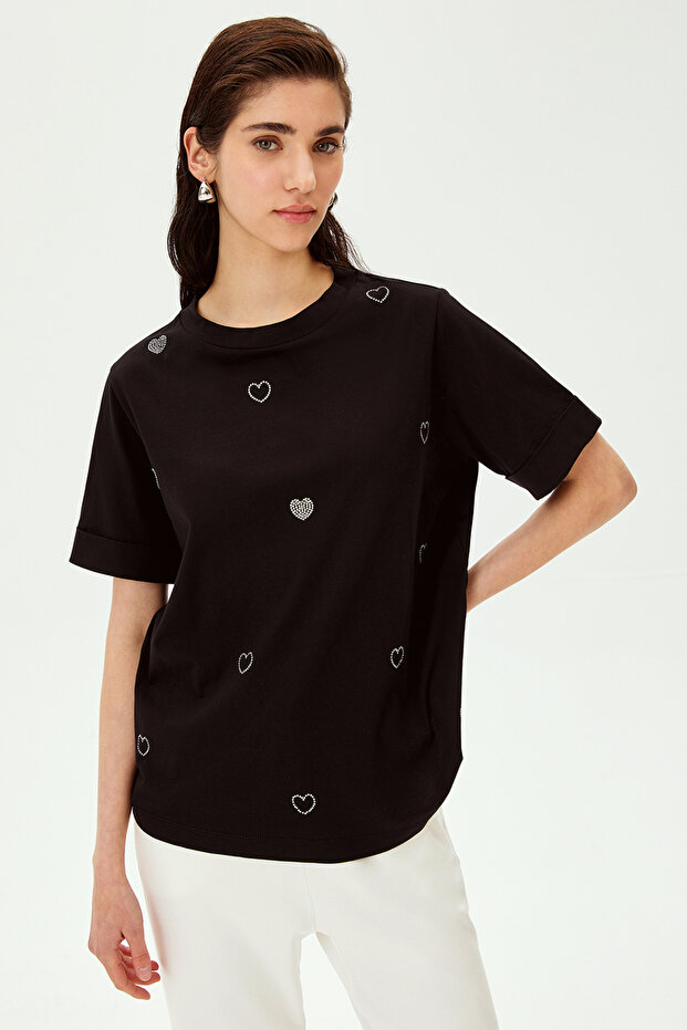 Heart Stone Detailed Crew Neck Cotton Regular Knitted T-Shirt