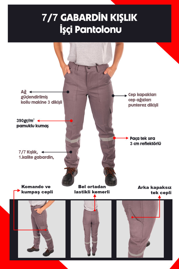 7/7 Gabardin Kışlık İşçi Pantolonu Tek Reflektörlü Kalın İş Pantolonu - 1