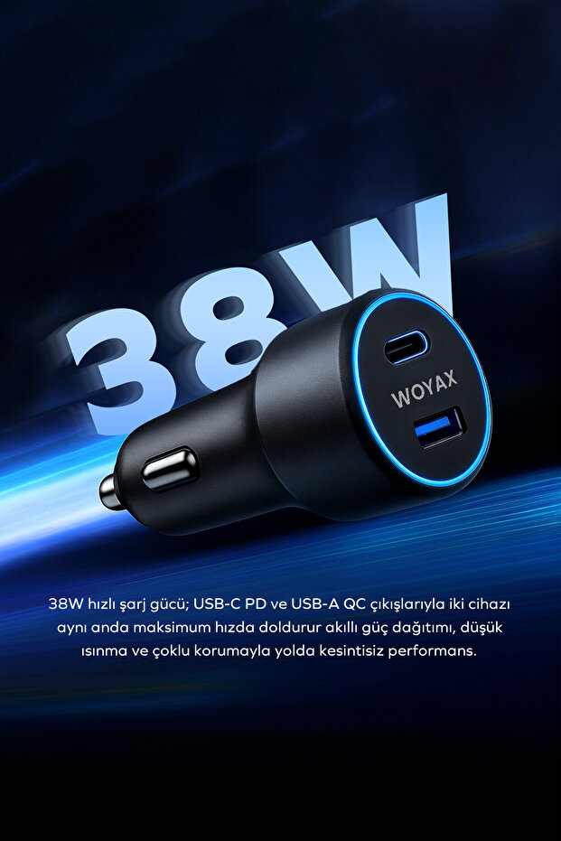Araç Şarj Aleti Çakmaklık Type-C + USB Girişli 38W - 5