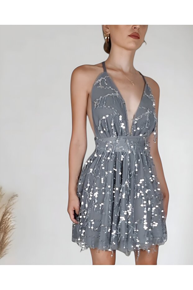 Gri Pullu Elbise - 3