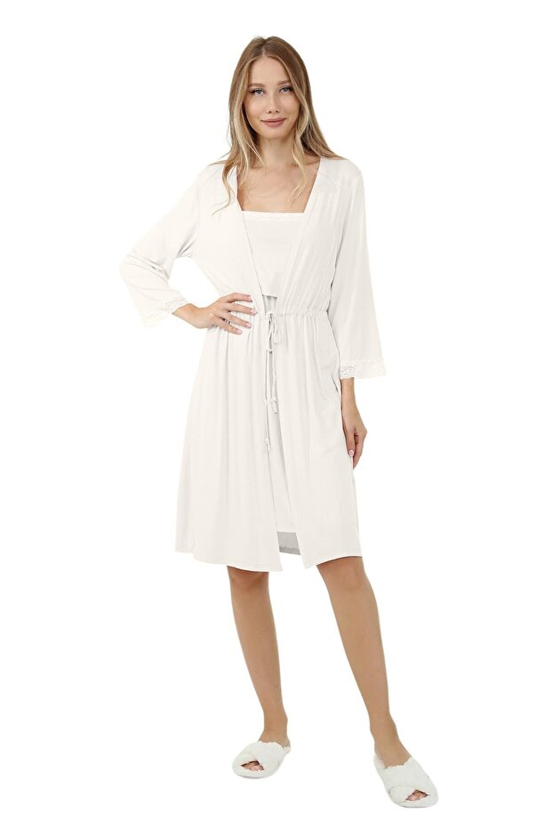 Myra9652 Lace Breastfeeding Nightgown with Front Division and Morning Dress - Ecru