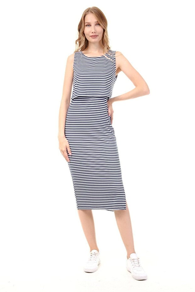Myra5553 - Nursing Dress Sleeveless Slit Striped - Navy Blue