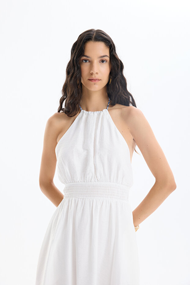 Rochie lungă brodata cu talie elastică Ecru - 3