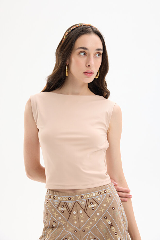 Sırt Dekolteli Basic Bluz Bej - 1