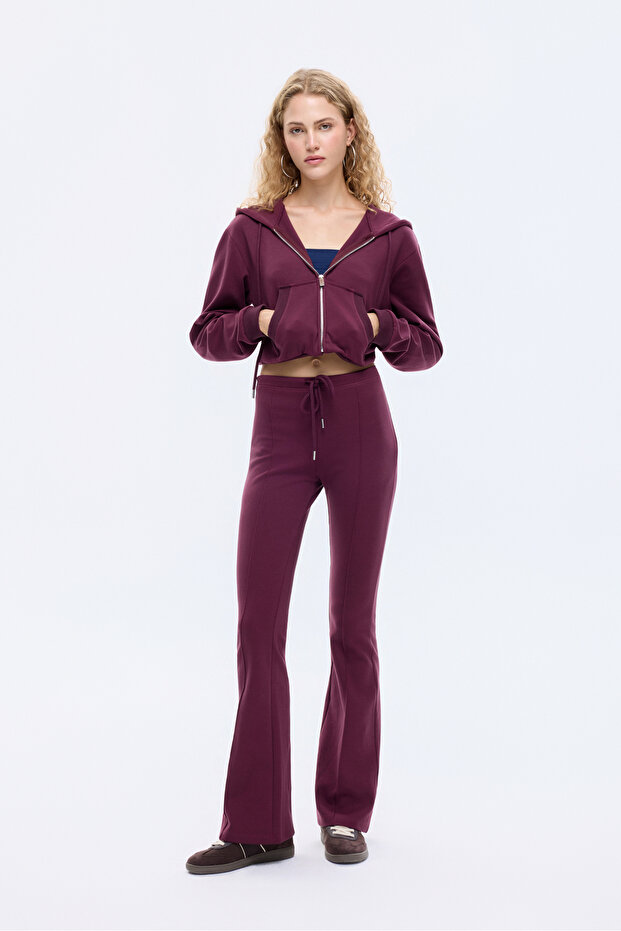 Kapüşonlu Fermuarlı Basic Sweatshirt Bordo - 3