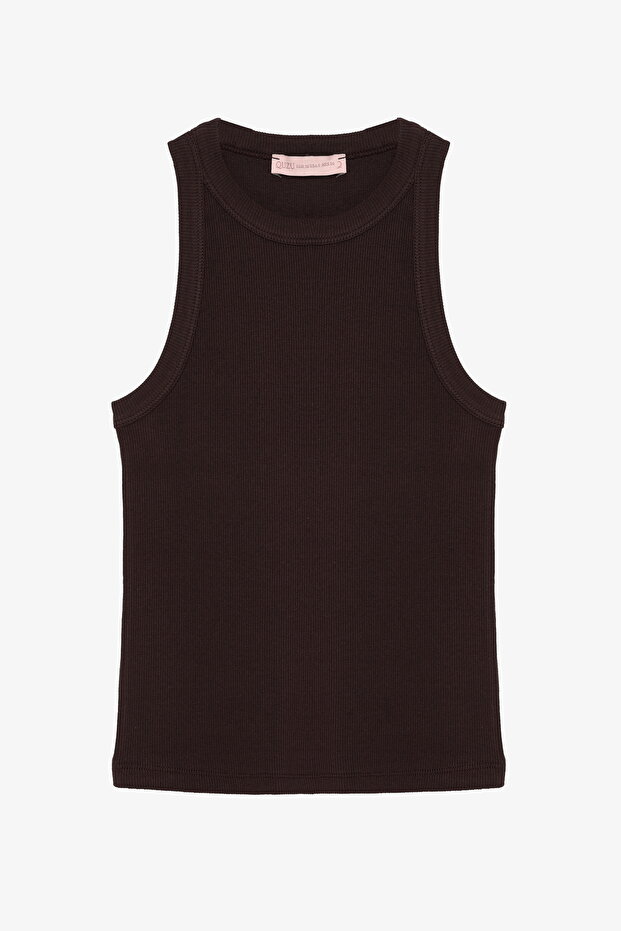 Halter Neck Basic Ribbed Undershirt Dark Brown - 2