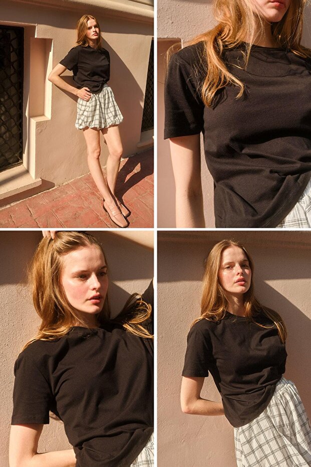 Bisiklet Yaka Oversize Basic Tişört Siyah - 1