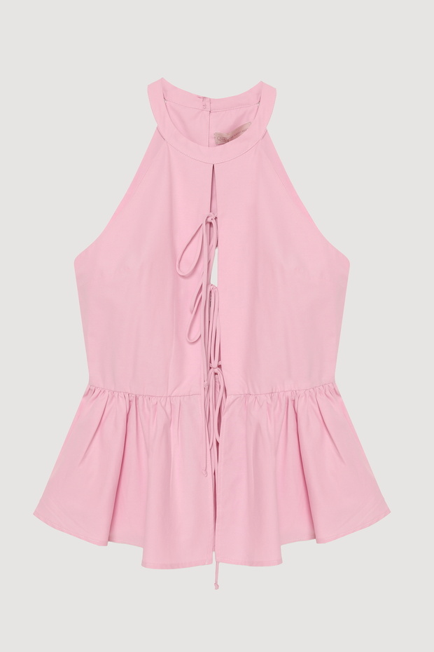 Önü Bağcıklı Halter Yaka Bluz Pembe - 2