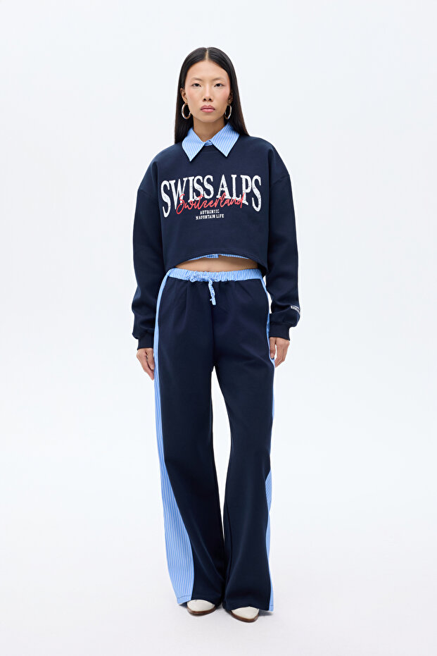 Contrast Stripe Waist Detailed Wide Leg Trousers Blue