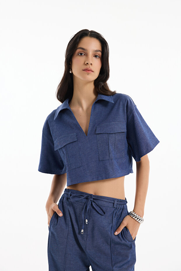 Cep Detaylı Kot Görünümlü Crop Bluz İndigo - 1