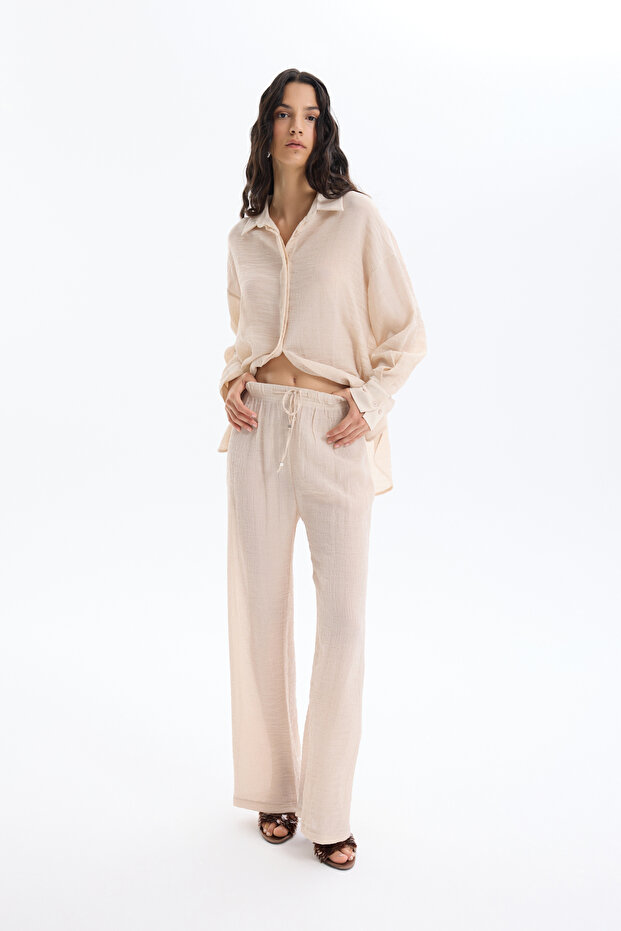 Elastic Waist Textured Trousers Stone