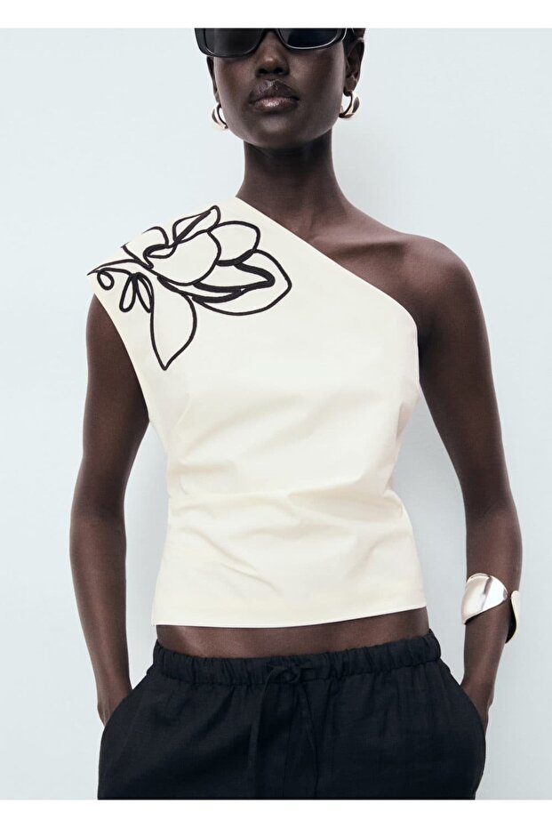 Çiçek işlemeli asimetrik bluz - 5