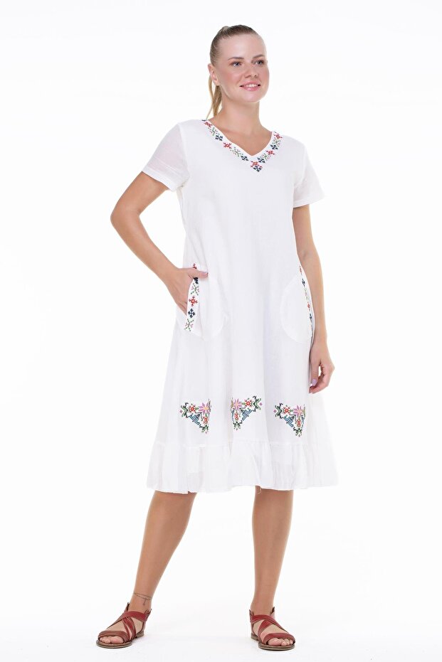 Short Sleeve Voile Moonlight Embroidery Detailed Midi Length Summer Authentic Dress Cream Krm