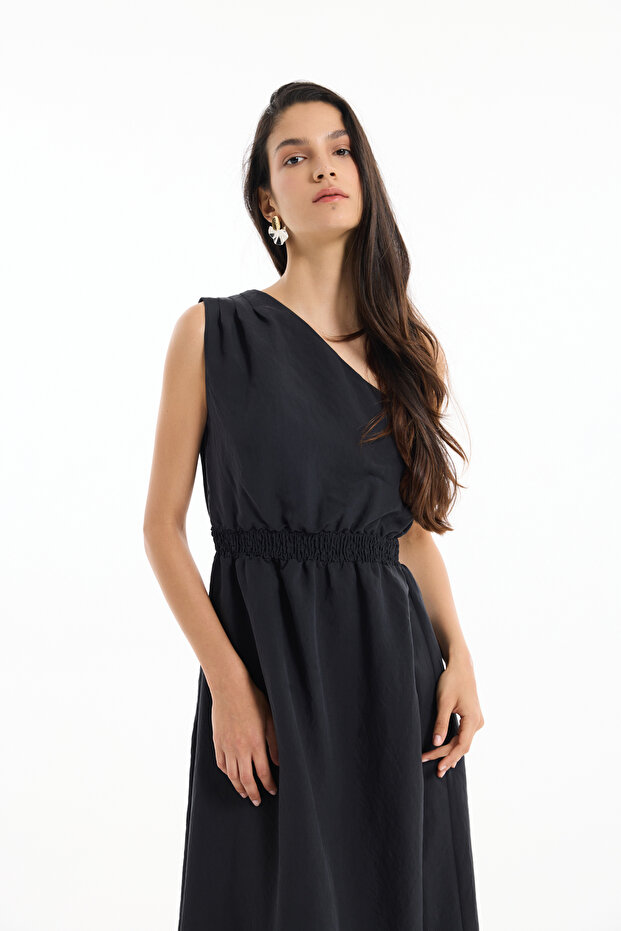 Beli Lastikli Tek Omuz Midi Elbise Siyah - 4