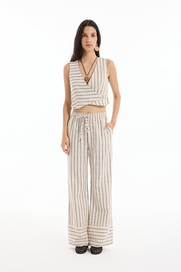 Stripe Patterned Ankle Detailed Palazzo Linen Trousers Natural