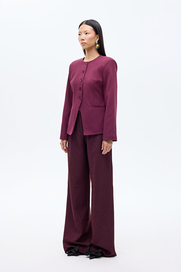 Round Neck Buttoned Blazer Jacket Plum - 4