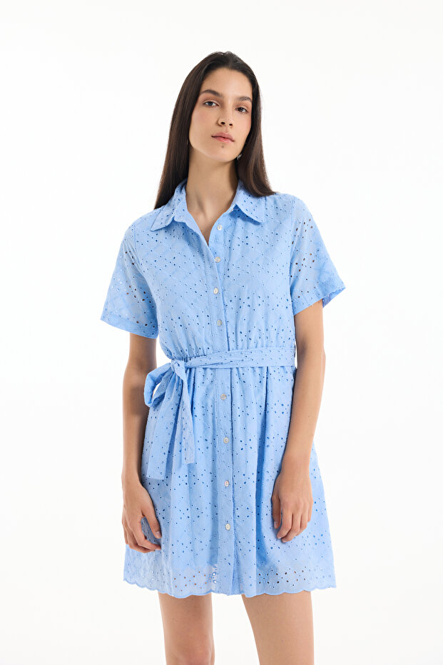 Scallop Detailed Tie-Up Mini Dress Blue