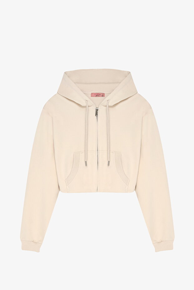 Kapüşonlu Fermuarlı Basic Sweatshirt Bej - 2