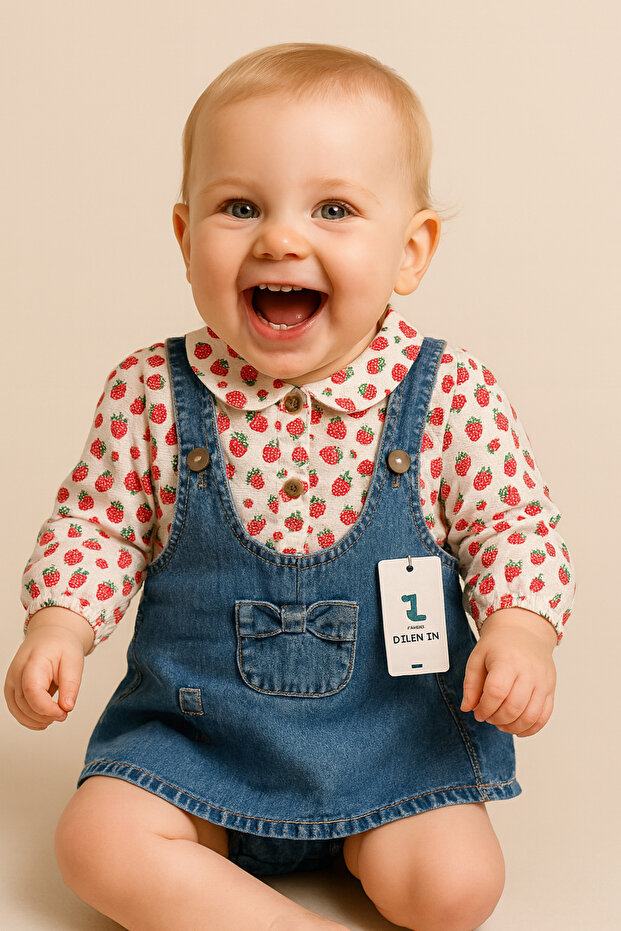 Girl's Jeans Patterned Shirt Winged Gilet Set (6/9/12/18) Months