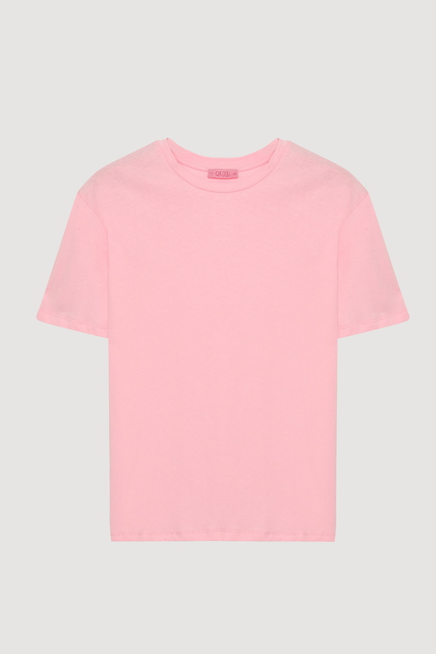 Bisiklet Yaka Oversize Basic Tişört Pembe - 2