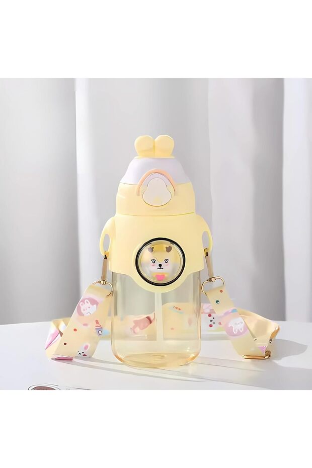 Cute Rabbit Cartoon Kids Water Bottle with Straw and Adjustable Strap 500ml (Yellow)