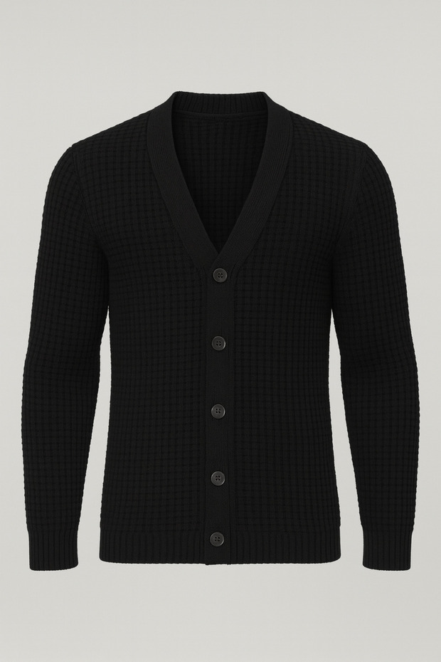 Nopenli Ribbed Knitted Buttoned Cardigan - Black