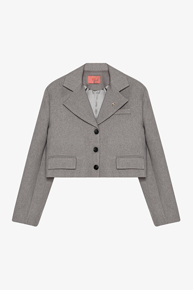 سترة بليزر قصيرة بأزرار مع إكسسوارات بروش باللون الرمادي - 2