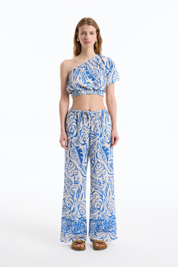 Tropik Desenli Tek Omuz Crop Bluz Mavi - 4