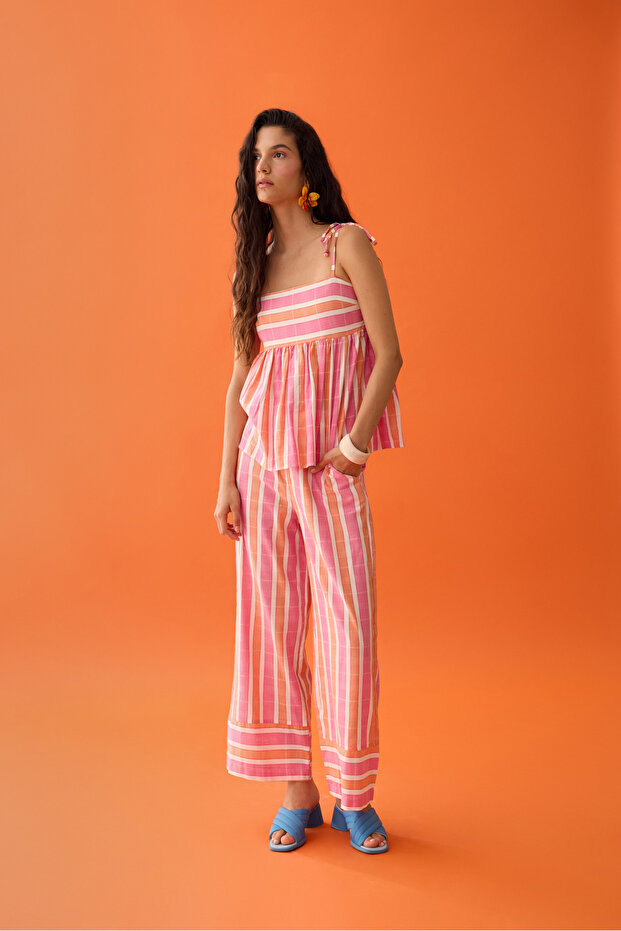 Striped Shoulder Lace-Up Blouse Pink