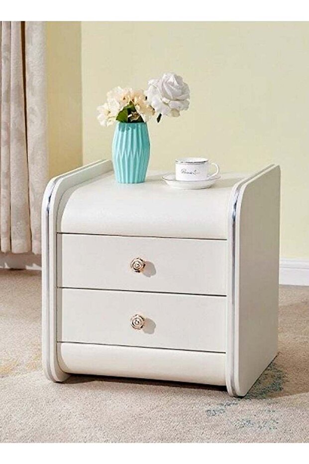 Multipurpose Use 2 Drawers Rounded Corner Nightstand Leather Wrapped Creative Bedside Table Rose Sha