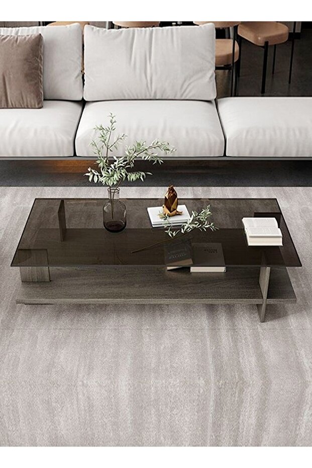 Multipurpose Use Classic Design Solid Wood Coffee Table Tempered Glass Tabletop Rectangular - 2