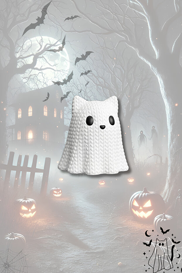 🎃   سلسلة مفاتيح على شكل قطة شبحية منسوجة - موضوع الهالوين، إنتاج محلي 👻 🐱