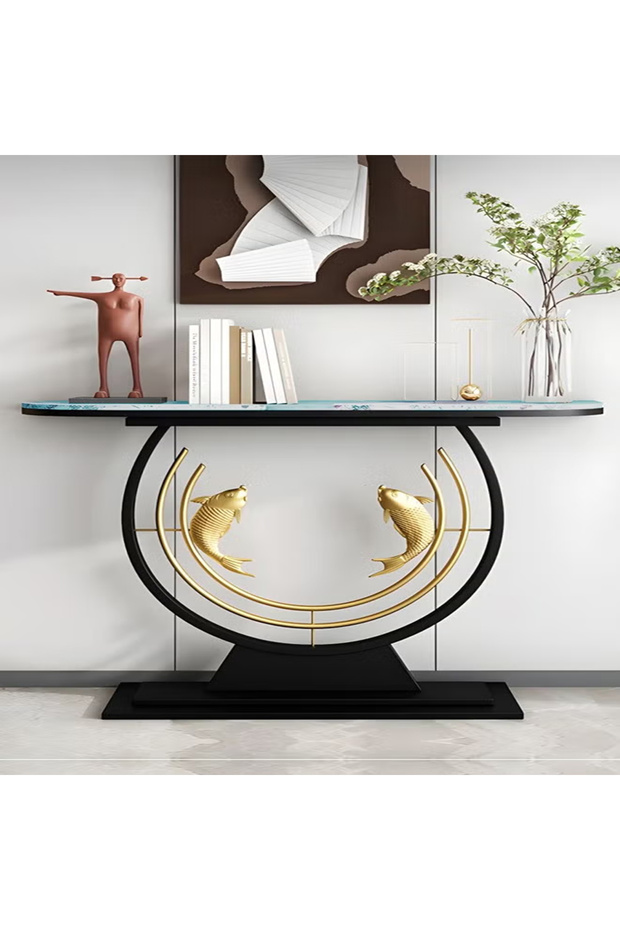 Modern Half Moon Shape Design with Metal Fishes Rustproof Rock Slab Tabletop