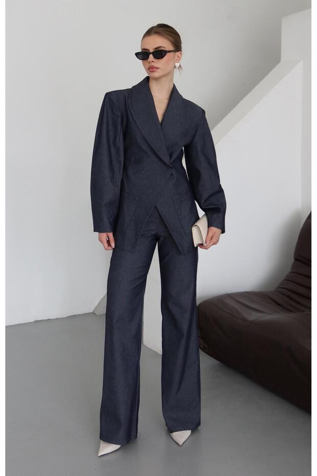 Navy Blue Balloon Sleeve Jacket Pants Set