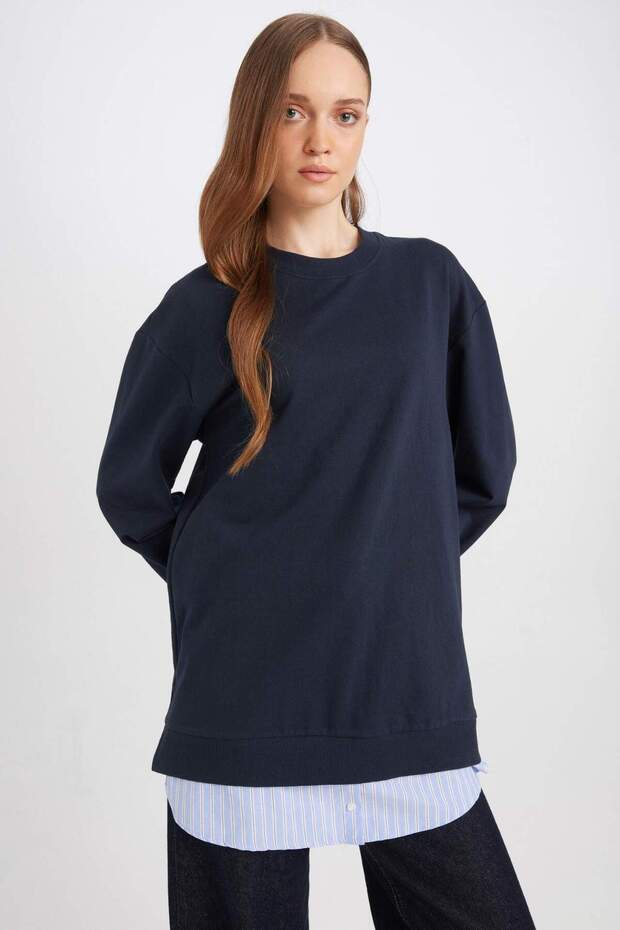 Regular Fit Bisiklet Yaka Basic Düz Sweatshirt Tunik A9529AX24AU - 3
