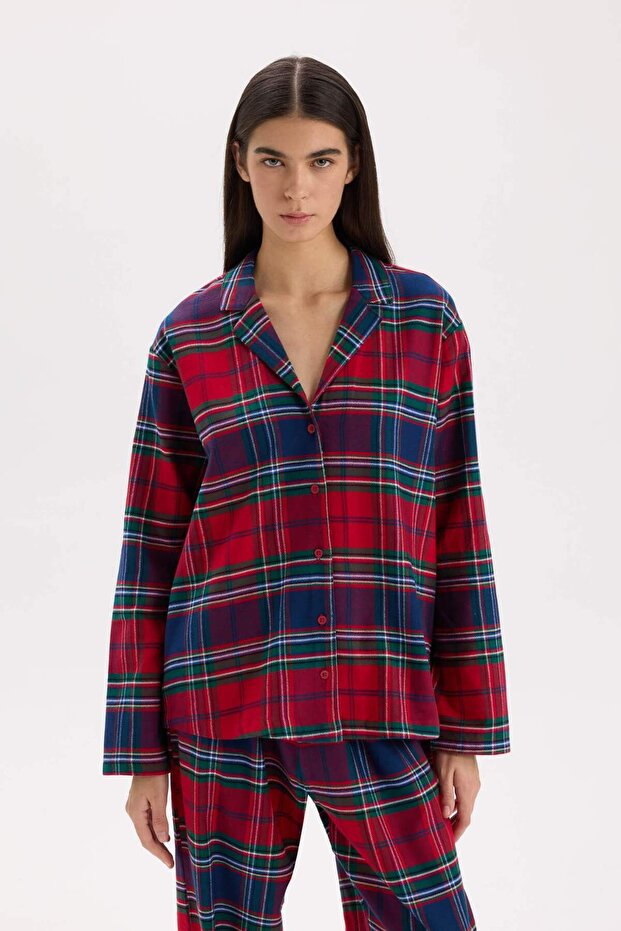 Fall In Love Regular Fit Ekoseli Flanel Desenli Gömlek Yaka Pijama Takımı - 3