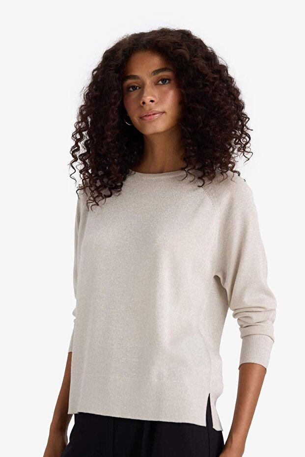 Regular Fit Rundhals-Pullover mit Glitzer, Basic Dicker Strickpullover C6818AX24WN - 4