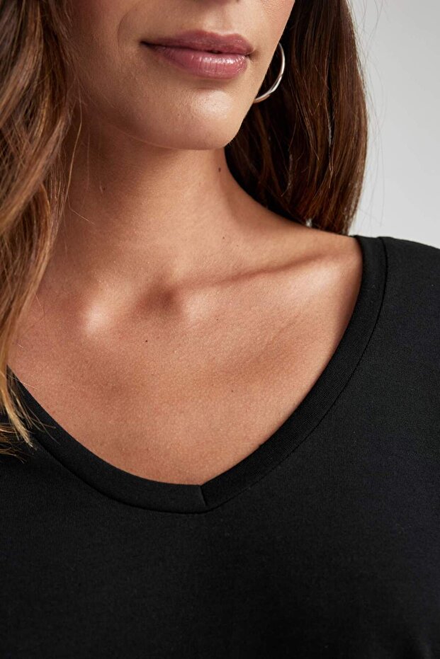 Regular Fit V Yaka Basic Düz Kısa Kollu Tişört W9204AZ23SM - 5