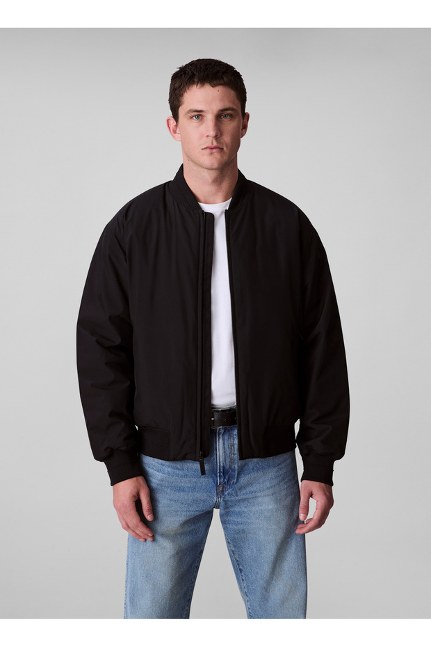 Erkek Tam Kalıp Kolej Yaka Bomber Ceket - Siyah - 2