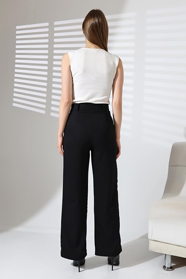 Black Crepe Fabric Palazzo Pants with Buttons and Pockets - 8